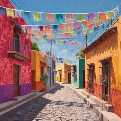 Calles coloridas del centro histórico de Oaxaca con papel picado