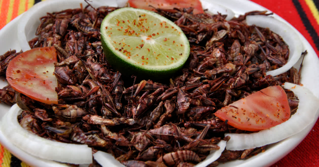  chapulines seasoned with, lime, onion, tomato and chili