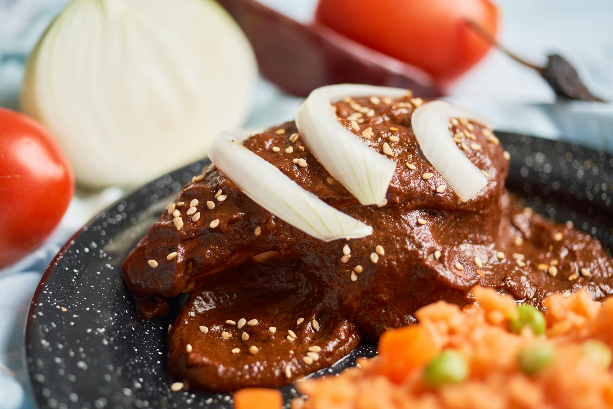 Chicken mole poblano, with chocolate and chilli. Tradition from mexico.